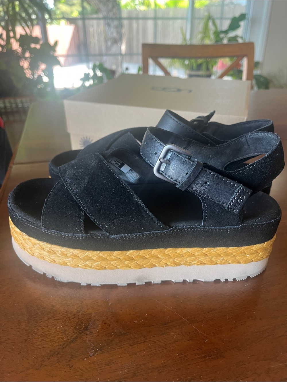 UGG Black Platform Espadrille Sandals with Woven Trim